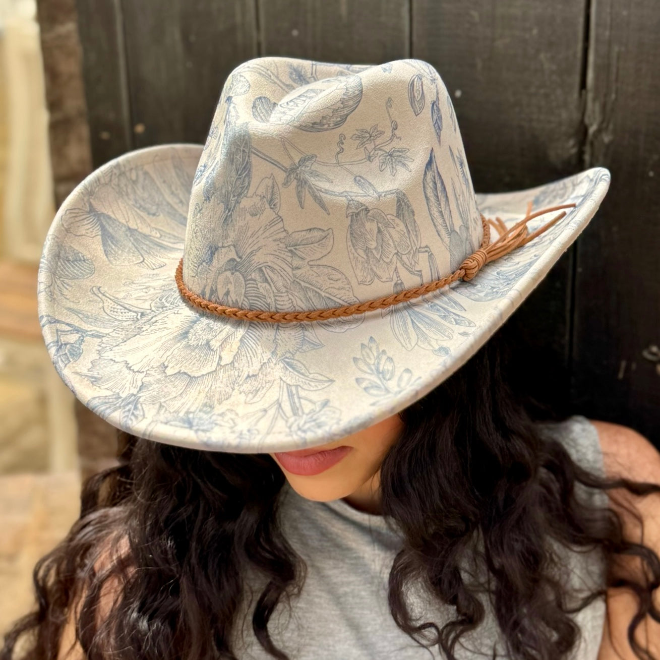 Blue Chinoiserie Suede Cowboy Hat