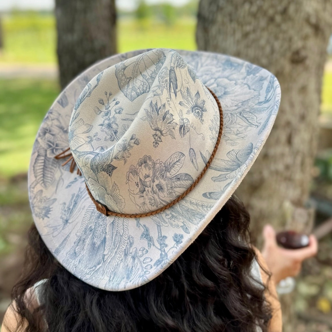Blue Chinoiserie Suede Cowboy Hat