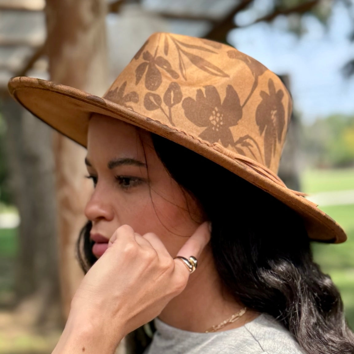 Tonal Floral Suede Rancher Hat