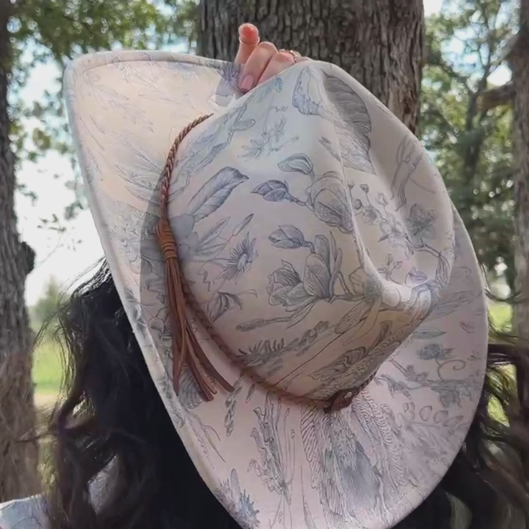 Blue Chinoiserie Suede Cowboy Hat