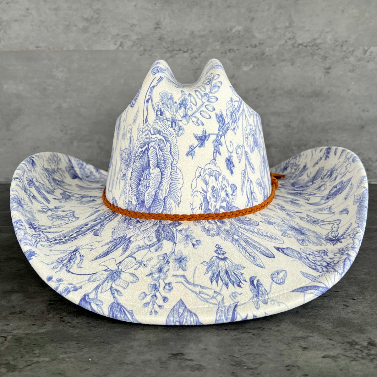 Blue floral Chinoiserie suede cowboy hat in a cattleman shape
