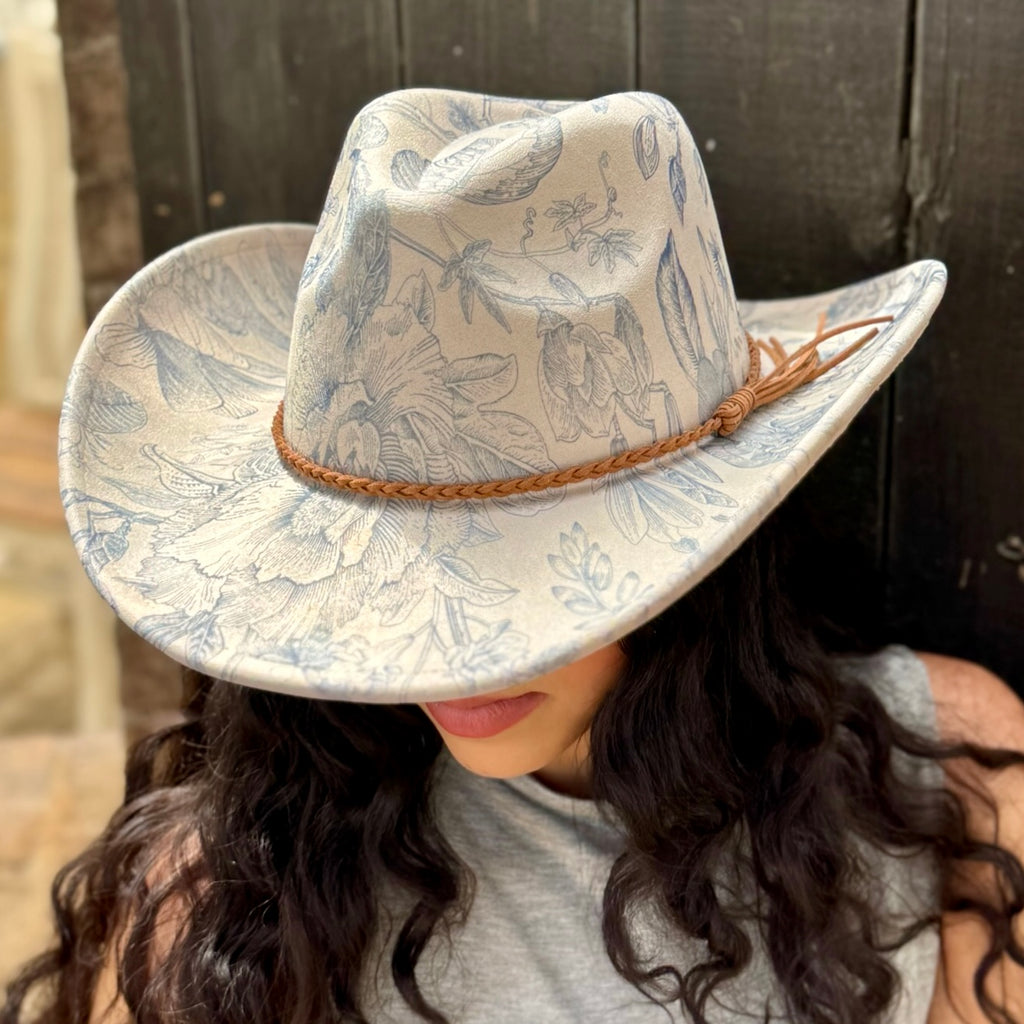 Blue Chinoiserie Suede Cowboy Hat