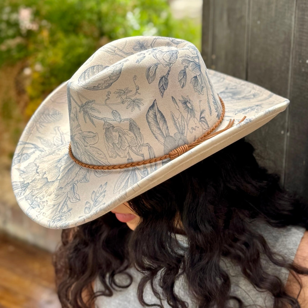 Blue Chinoiserie Suede Cowboy Hat
