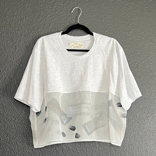 White and light gray sheer sporty crop tee with artwork painted brushstrokes in shades of gray