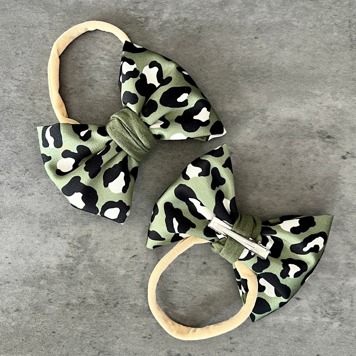 Olive Green Leopard Print Girl's Hair Bow (matching Mom Tee)