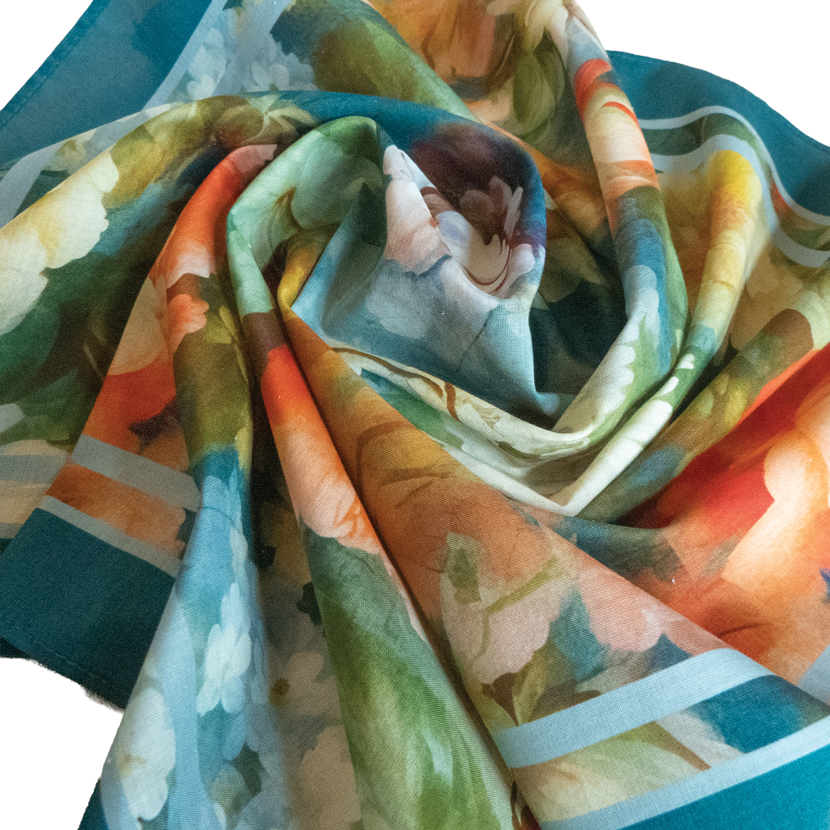 Rococo blue floral cotton bandana with pink and cream flowers