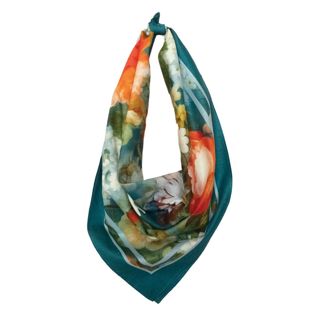 Blue floral cotton bandana featuring large-scale Rococo artwork