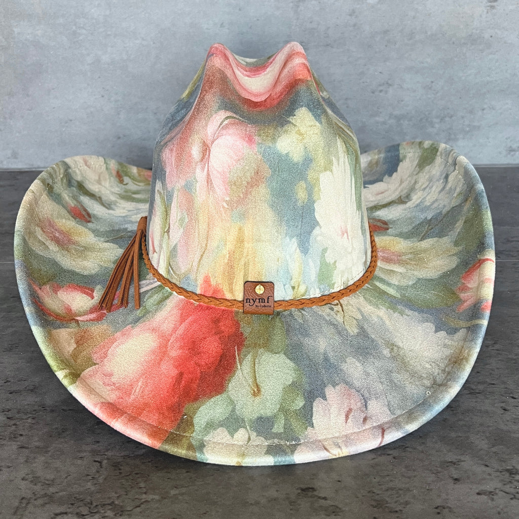 Back view of blue floral cattleman cowboy hat with braided trim