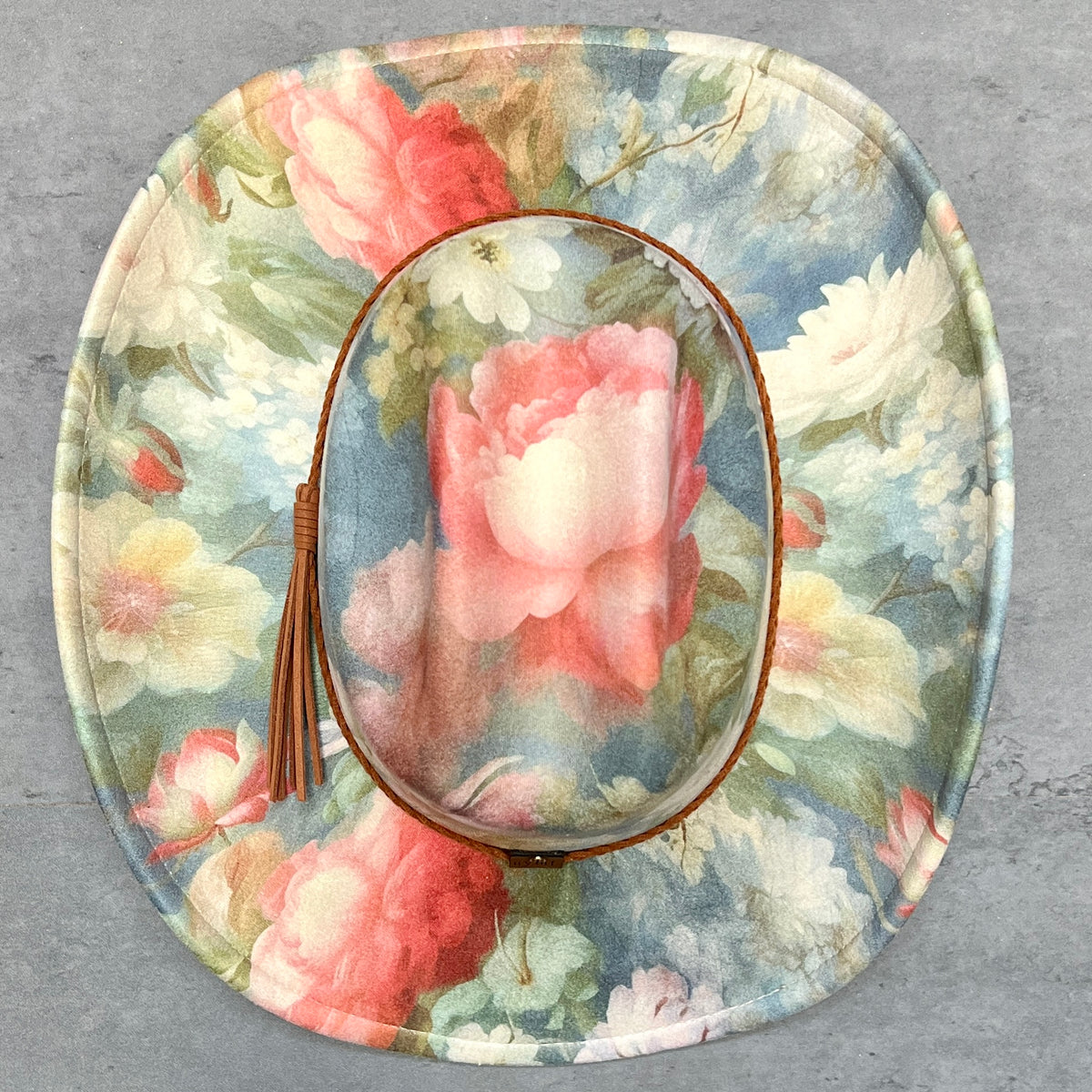 Top view of Rococo blue floral cattleman cowboy hat