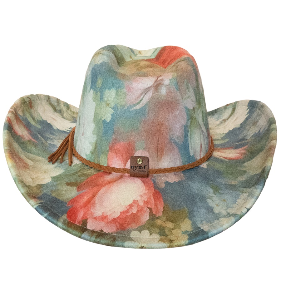 Back view of blue floral pinched-front cowboy hat with Nymf logo