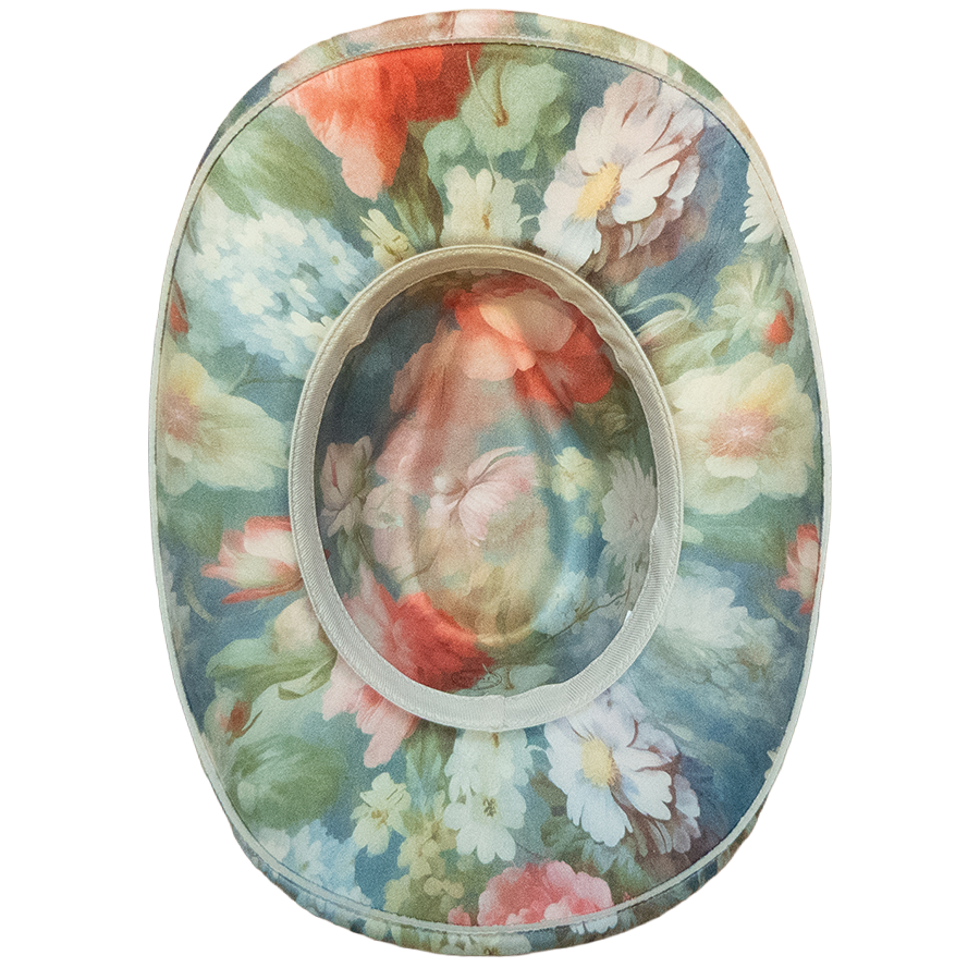 Underside of Rococo blue floral pinched-front cowboy hat