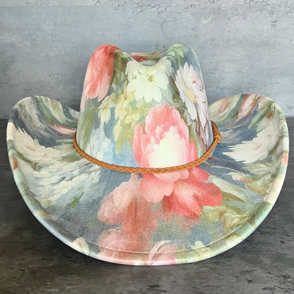 Rococo blue floral suede pinched-front cowboy hat