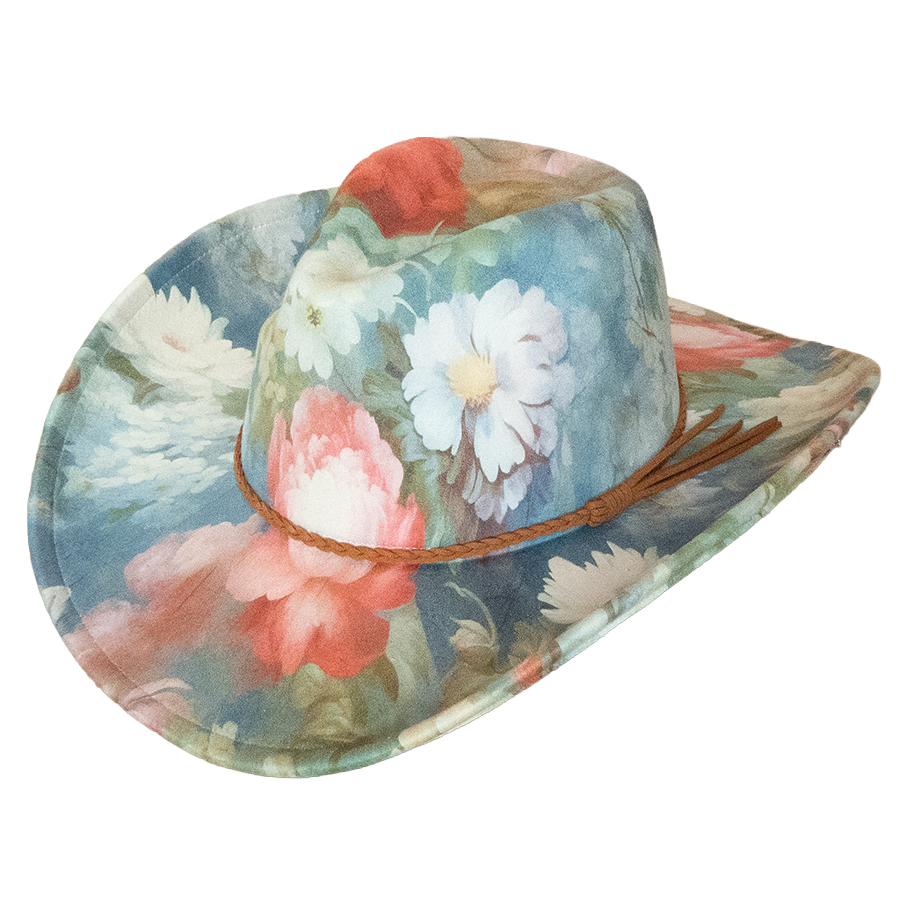 Blue floral pinched-front cowboy hat with braided brown trim