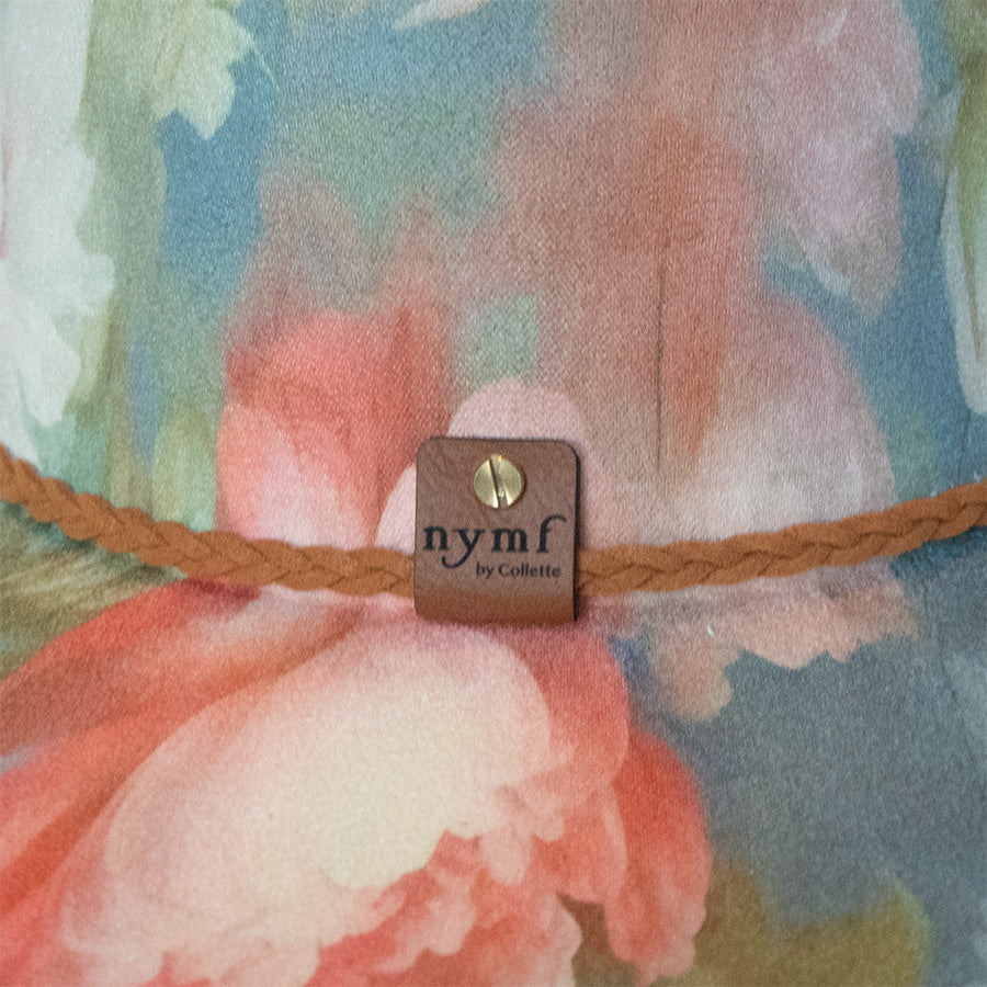 Nymf logo detail on Rococo blue floral cowboy hat