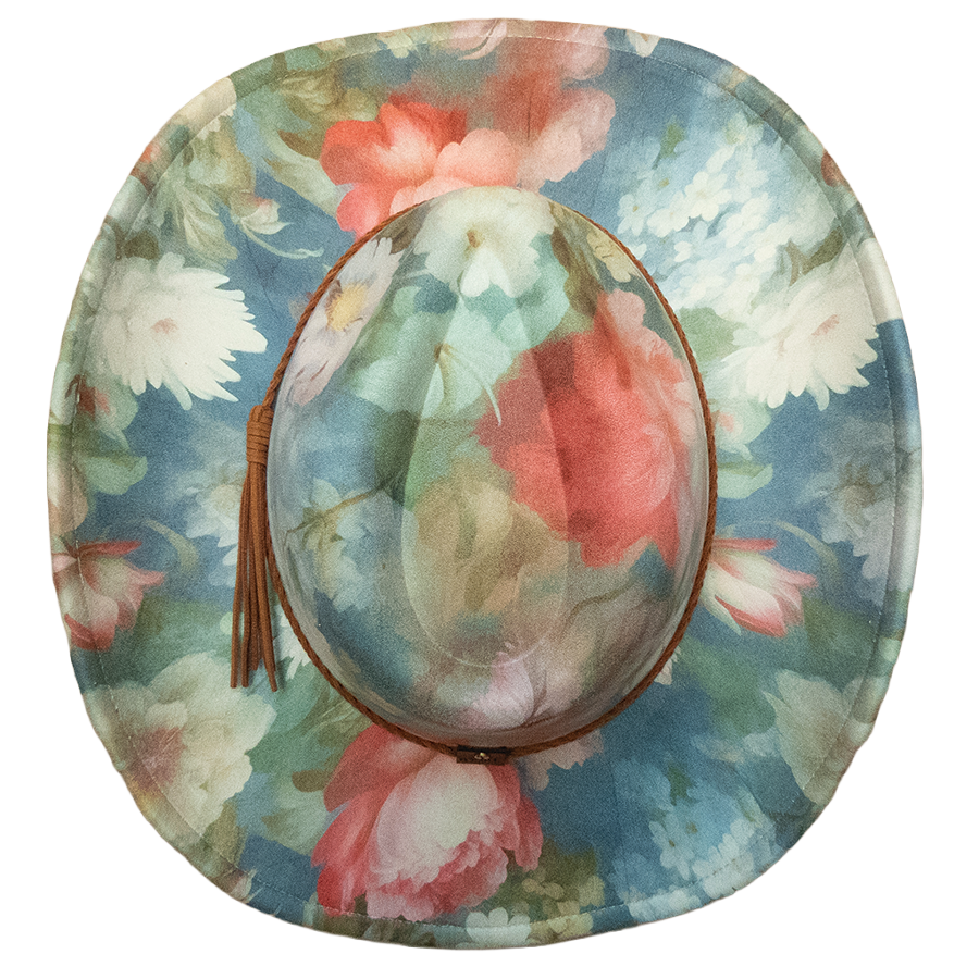 Top view of blue pink and cream floral pinched-front cowboy hat