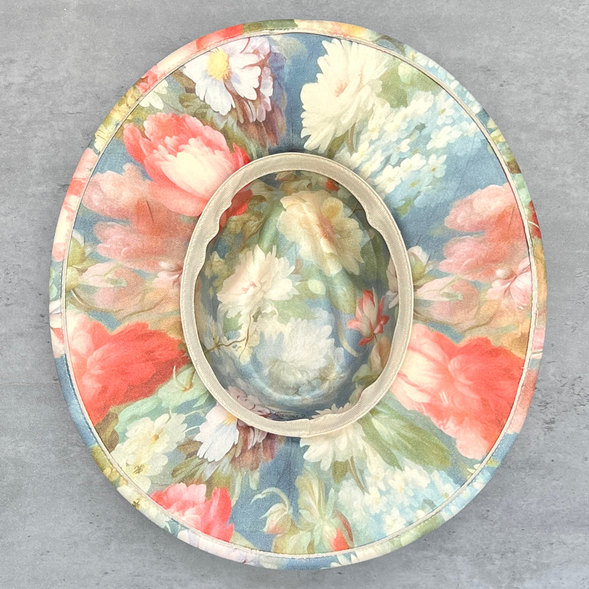 Underside of blue floral pinched-front rancher hat