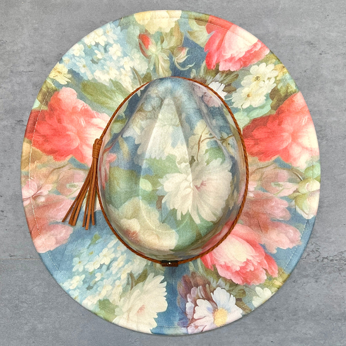 Rococo blue floral suede pinched-front rancher hat