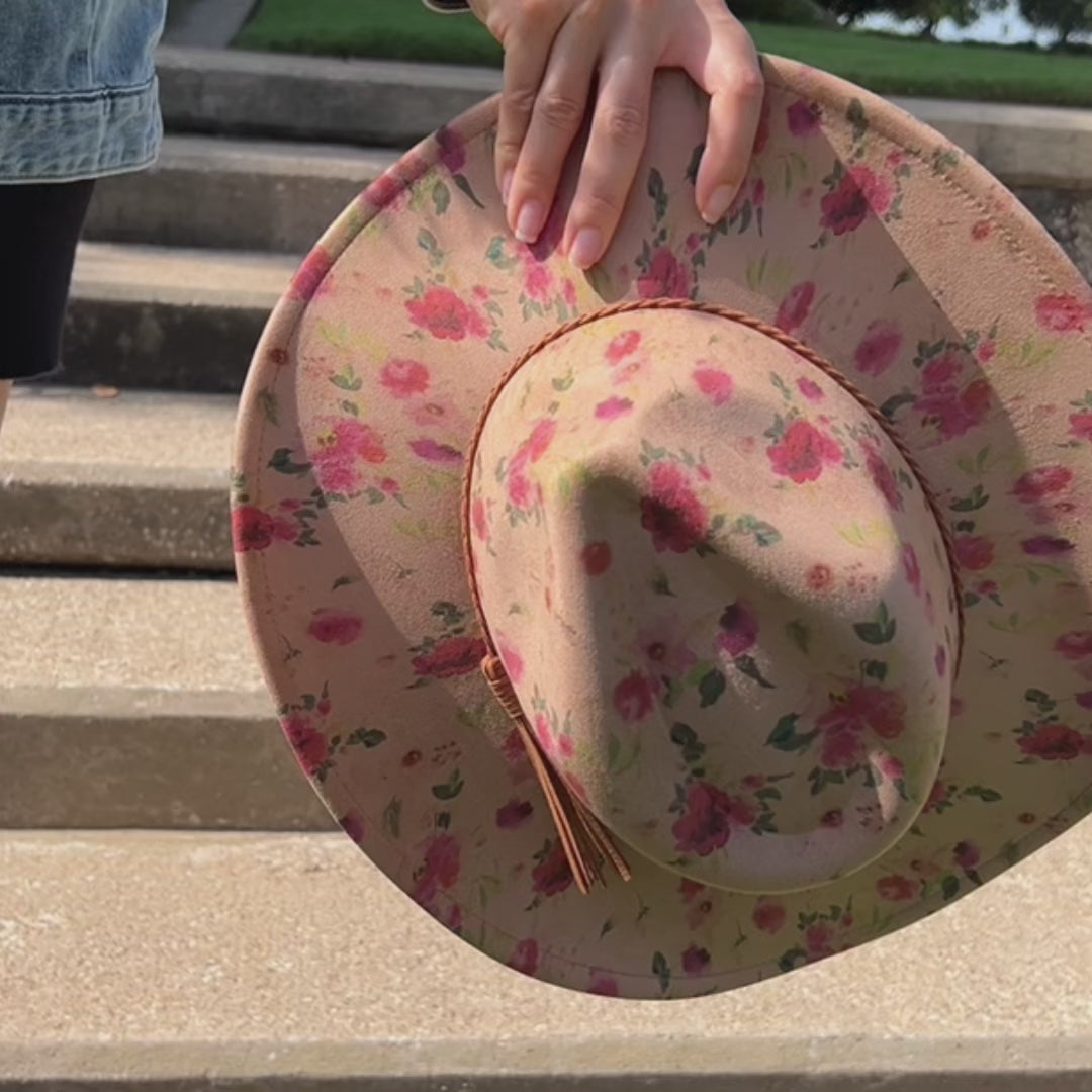 Red Roses Suede Cowboy Hat - Pinched Front
