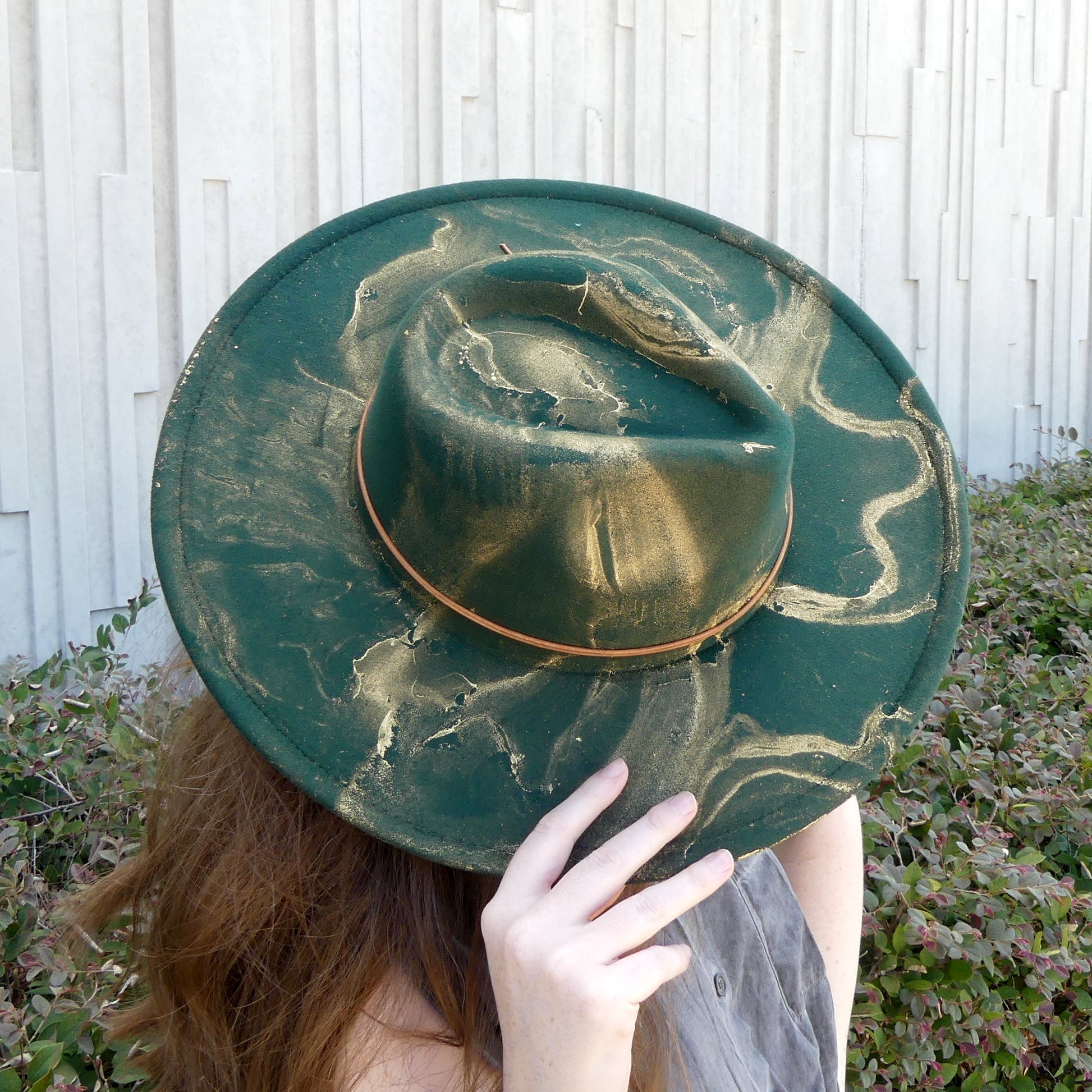 Green Felt Wide Brim Hat with Gold Paint Marbling